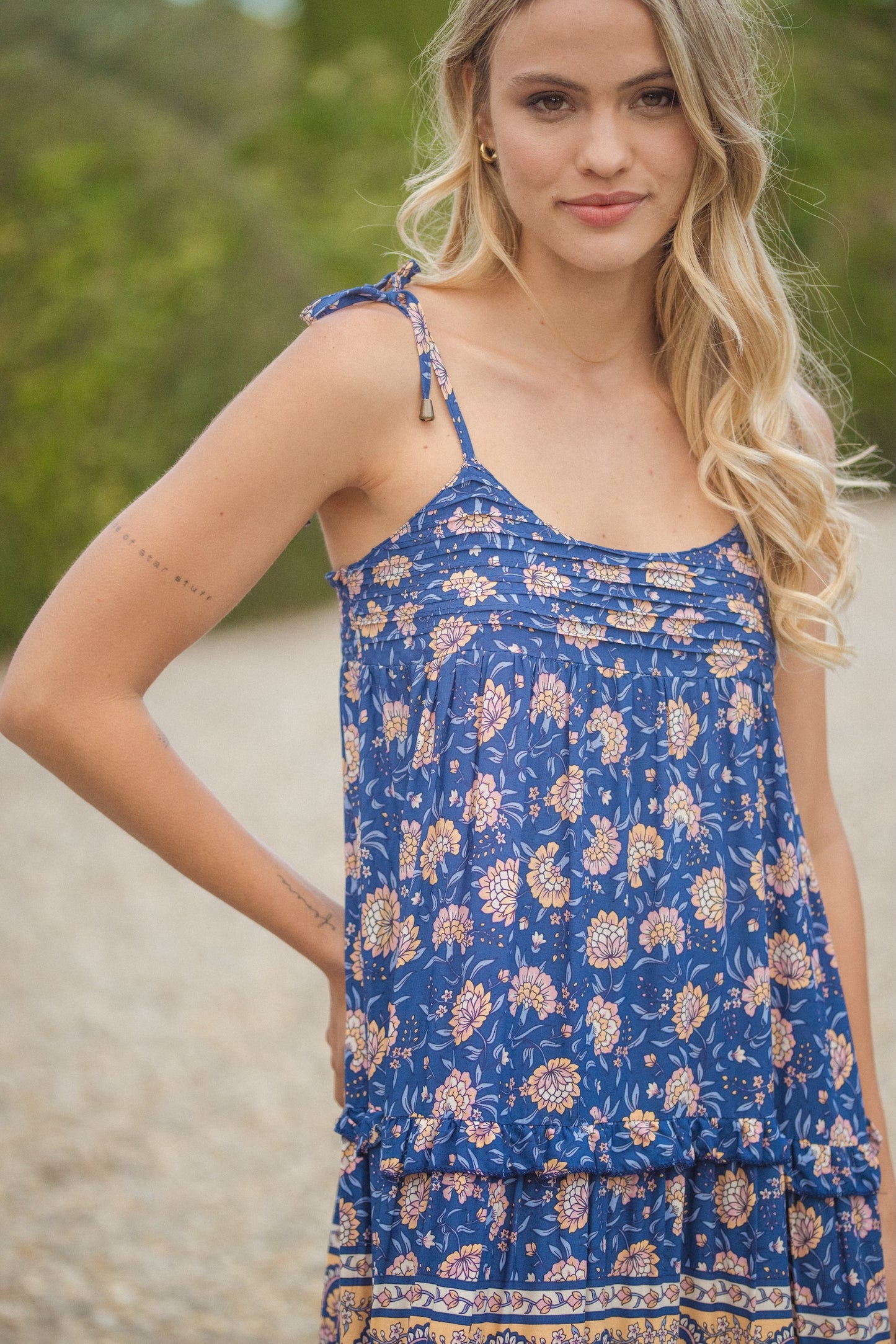 CAMELIA PRINT COGNAC MAXI DRESS