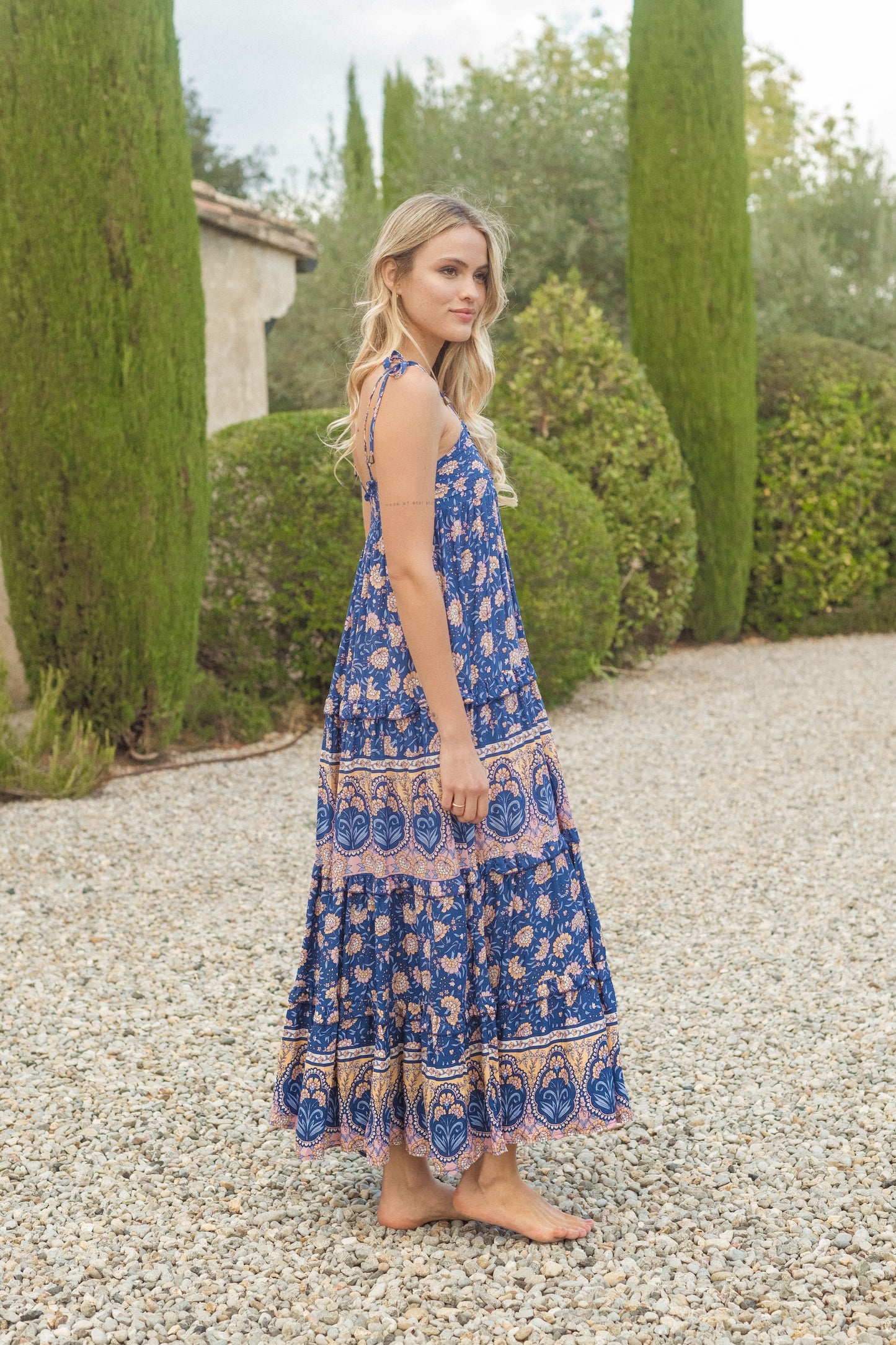 CAMELIA PRINT COGNAC MAXI DRESS