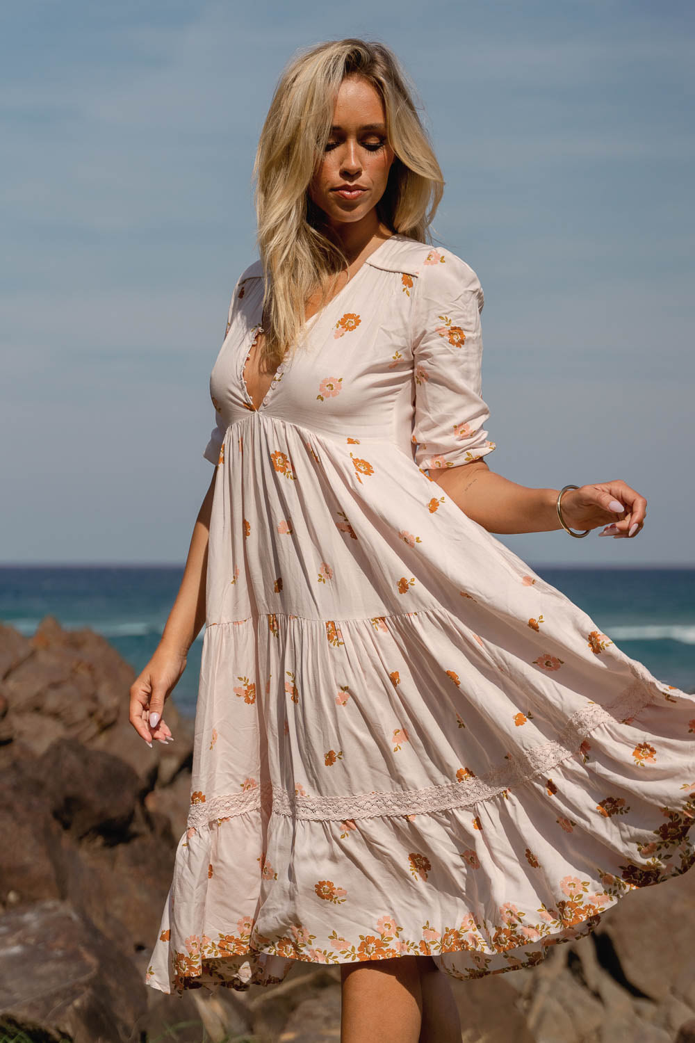 VINTAGE SOL PRINT EVE LACE MIDI