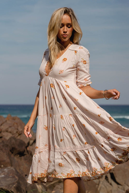 VINTAGE SOL PRINT EVE LACE MIDI