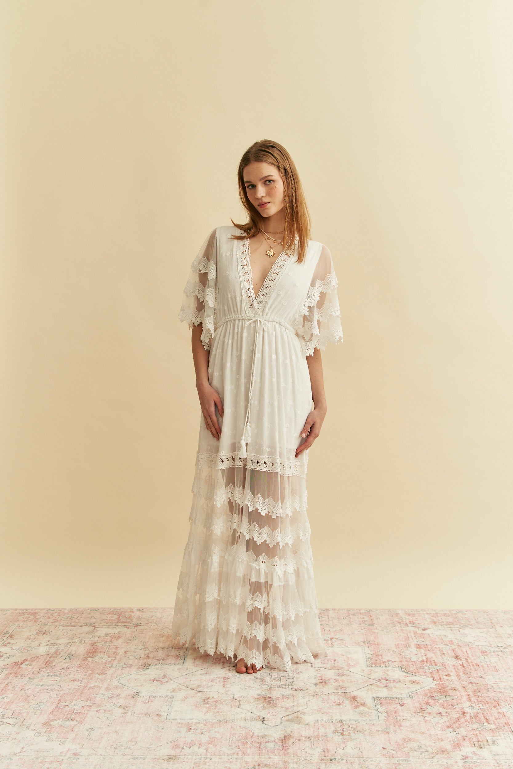 jaase white lace dress White Lace V-Neck High-Low Maxi Dress Mislish