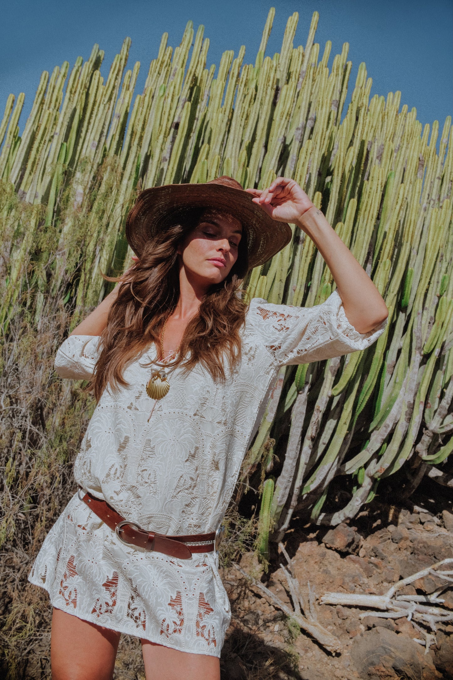 IVORY PALM EMBROIDERED ELENA DRESS
