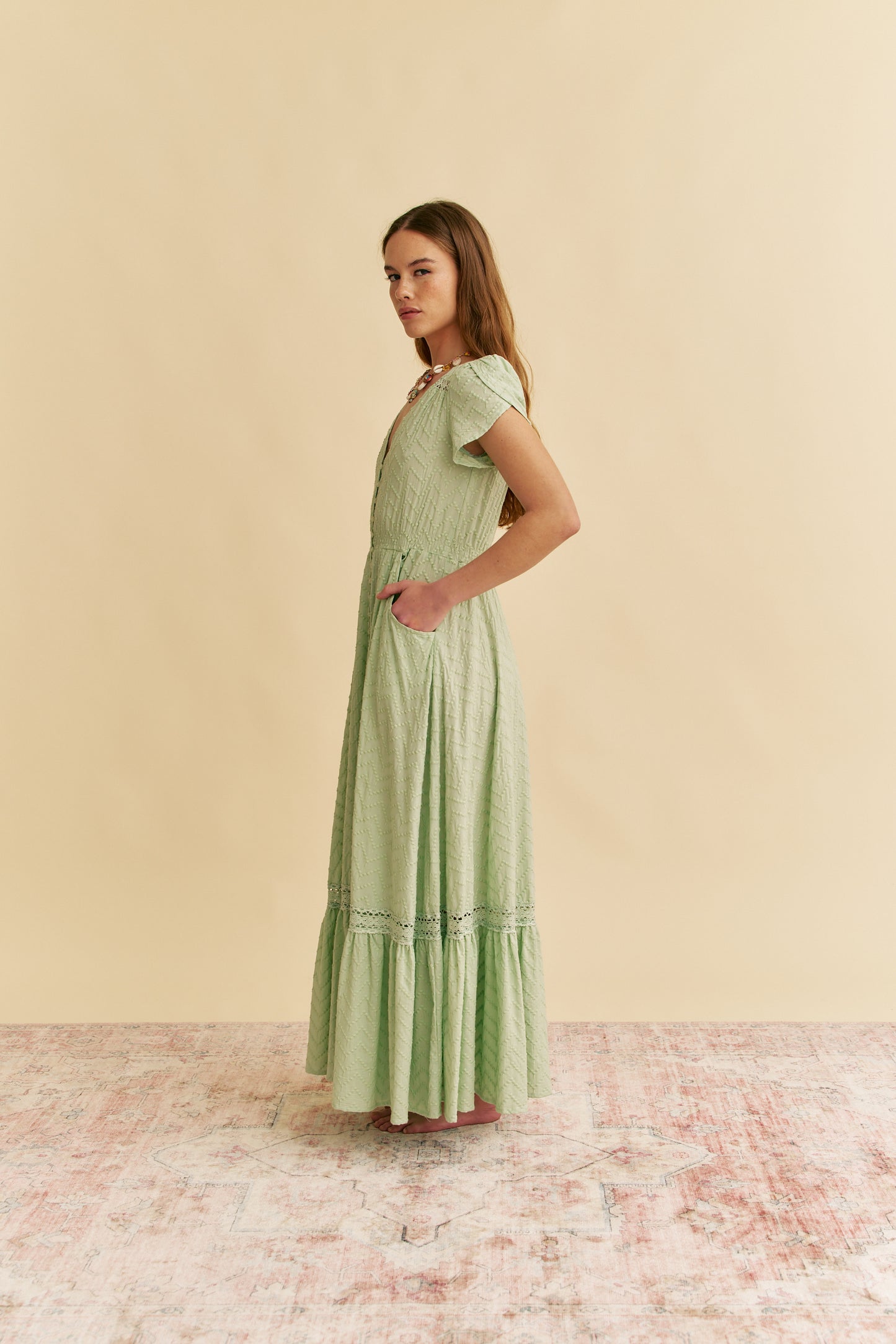 MINT RIVIERA EMBROIDERED CARMEN MAXI DRESS