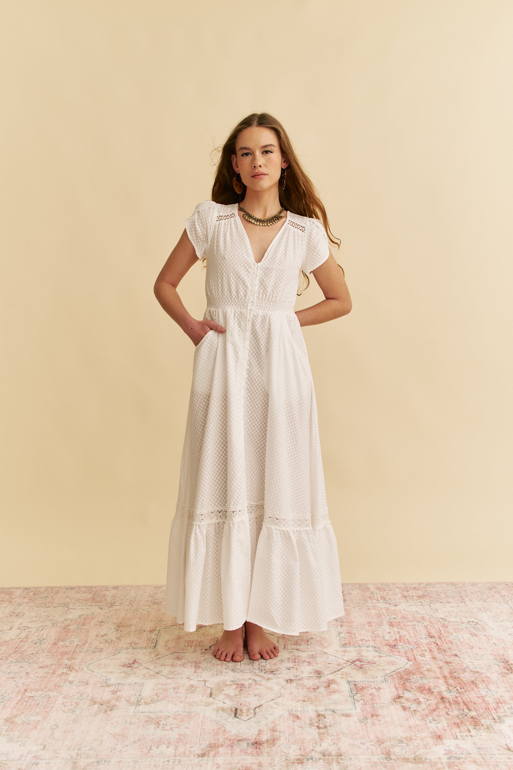 jaase white maxi dress Jaase Dress Womens XS White Boho Maxi Button Front Smocked Tassel Fringe