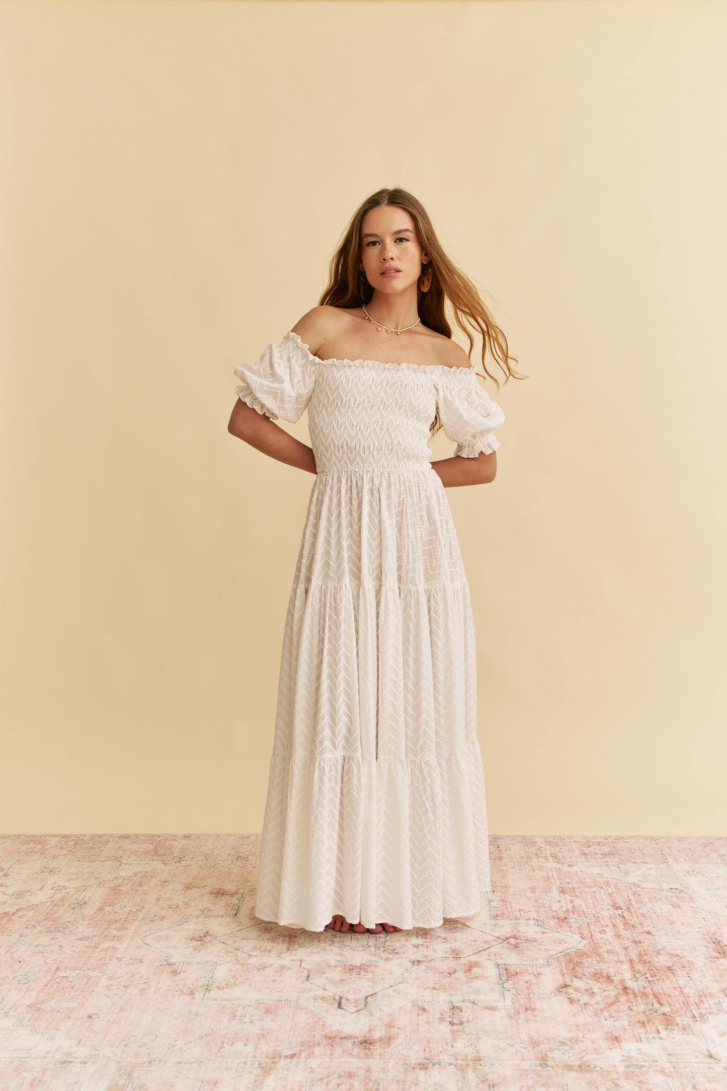 WHITE RIVIERA EMBROIDERED CLAUDETTE MAXI DRESS