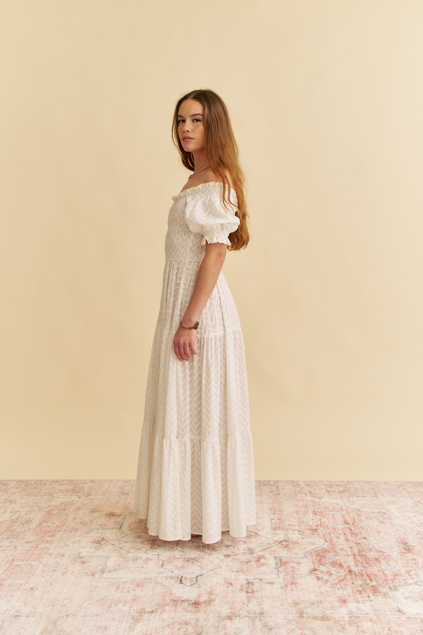 WHITE RIVIERA EMBROIDERED CLAUDETTE MAXI DRESS