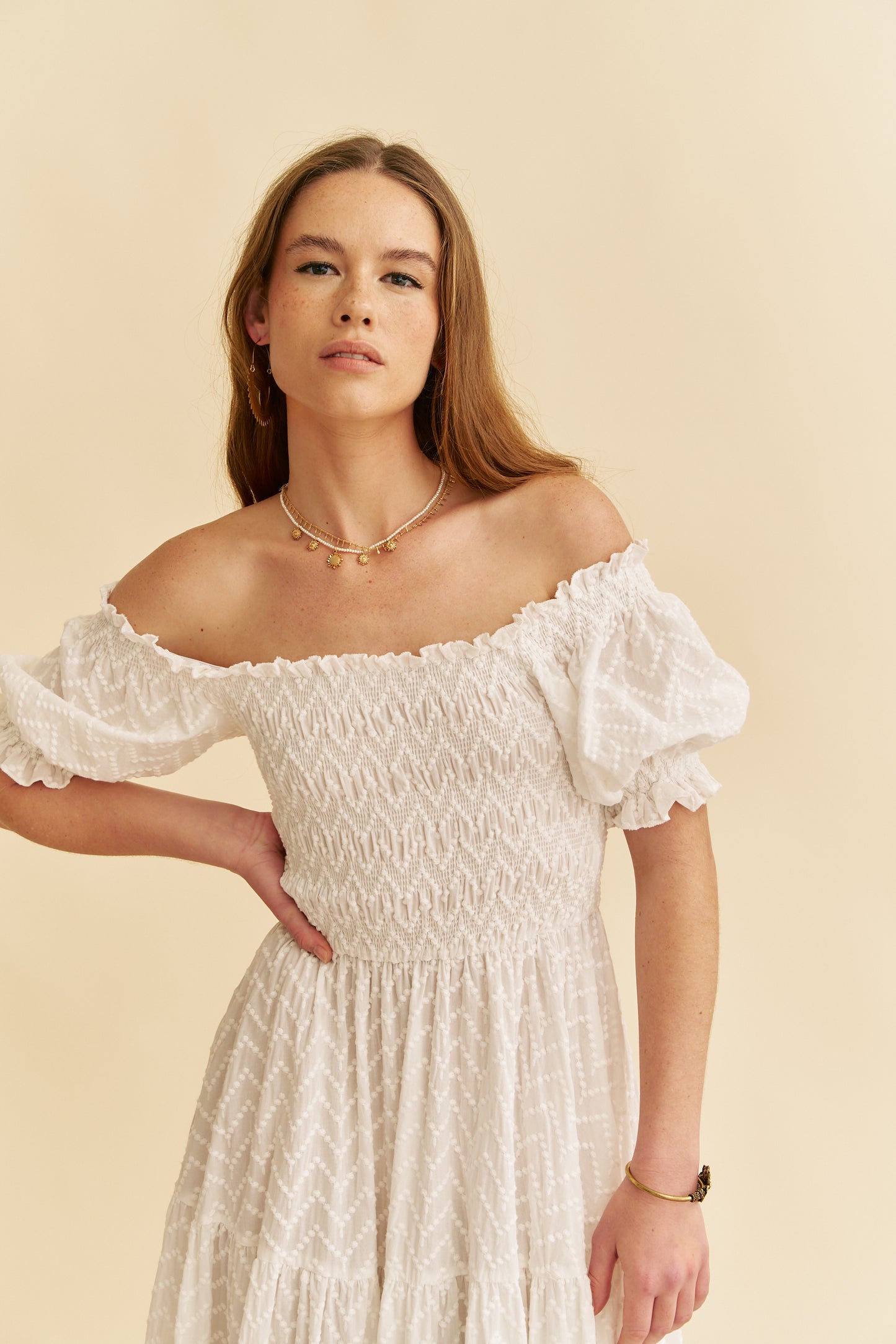 WHITE RIVIERA EMBROIDERED CLAUDETTE MAXI DRESS