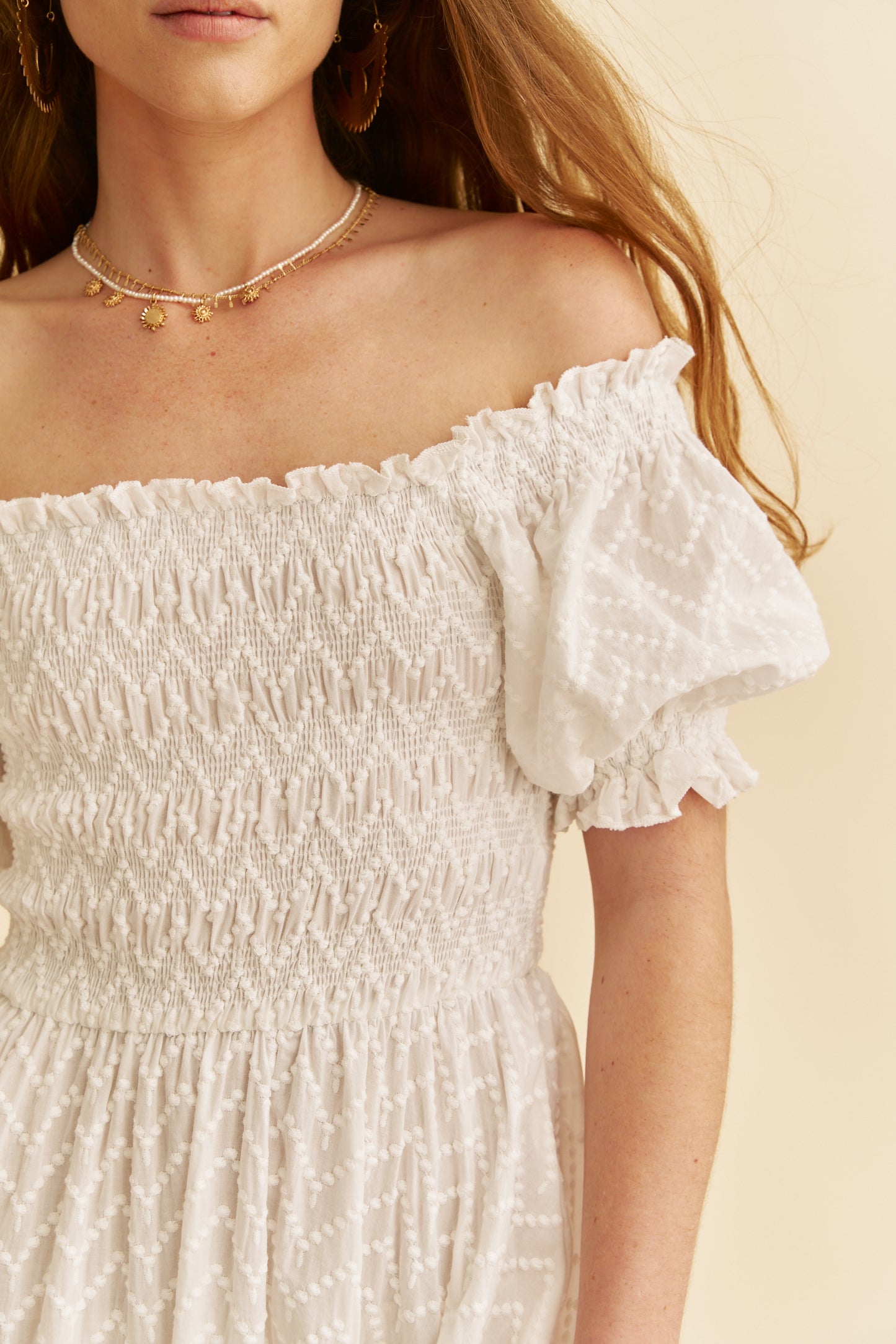WHITE RIVIERA EMBROIDERED CLAUDETTE MAXI DRESS