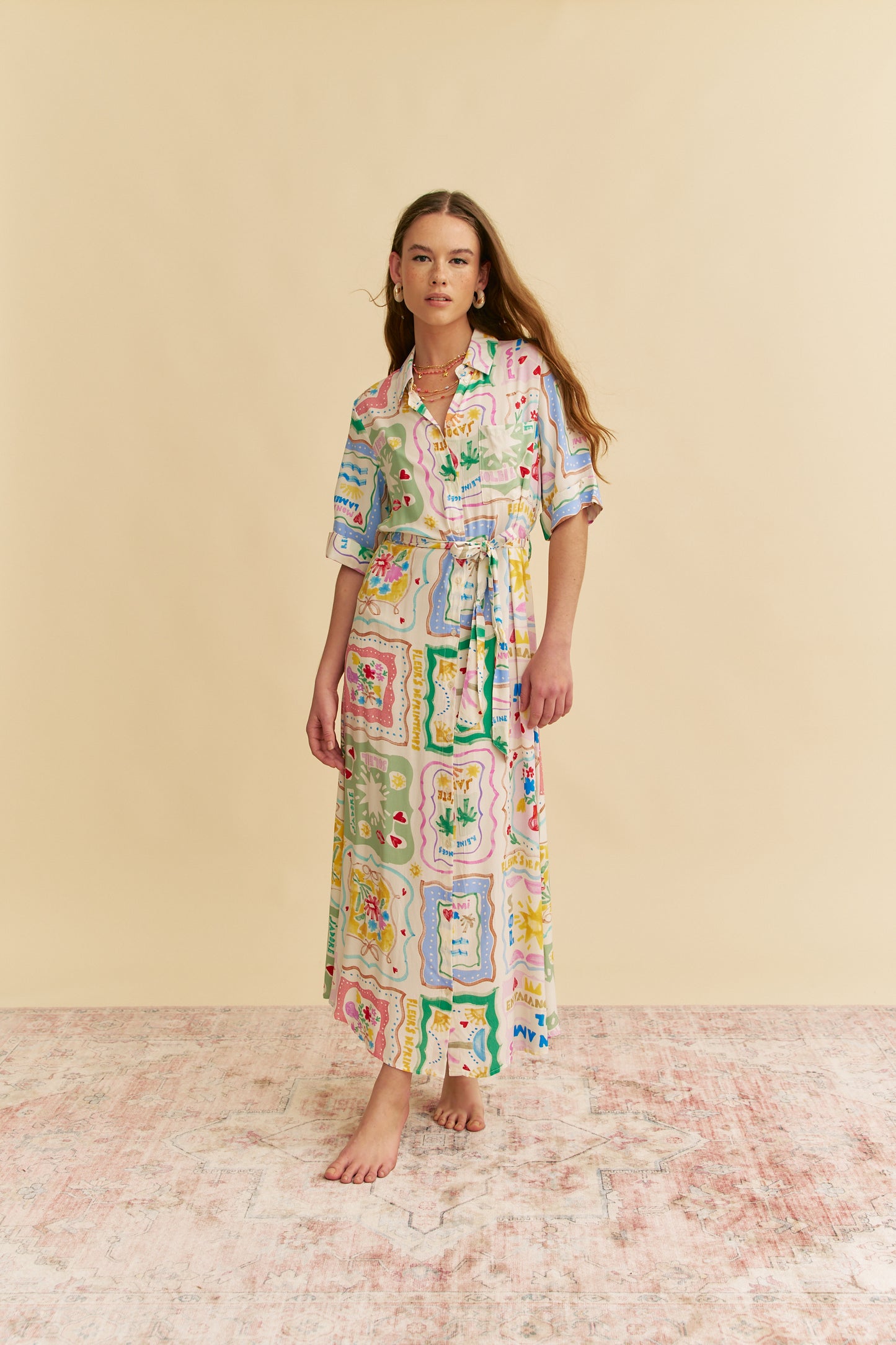 SOL MON AMI PRINT MAXI SHIRT DRESS