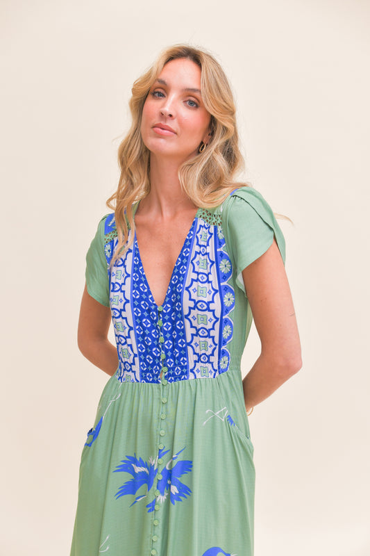 BLUE BIRD PRINT CARMEN MAXI DRESS
