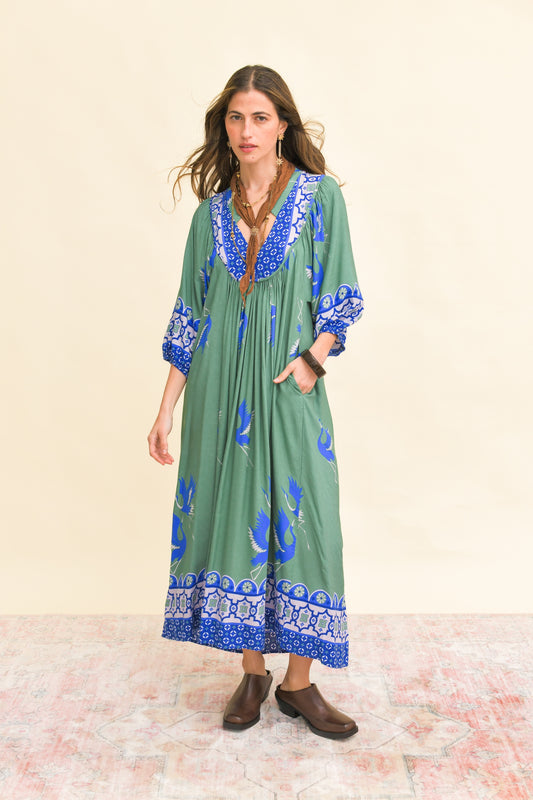 BLUE BIRD PRINT BOHEME MIDI