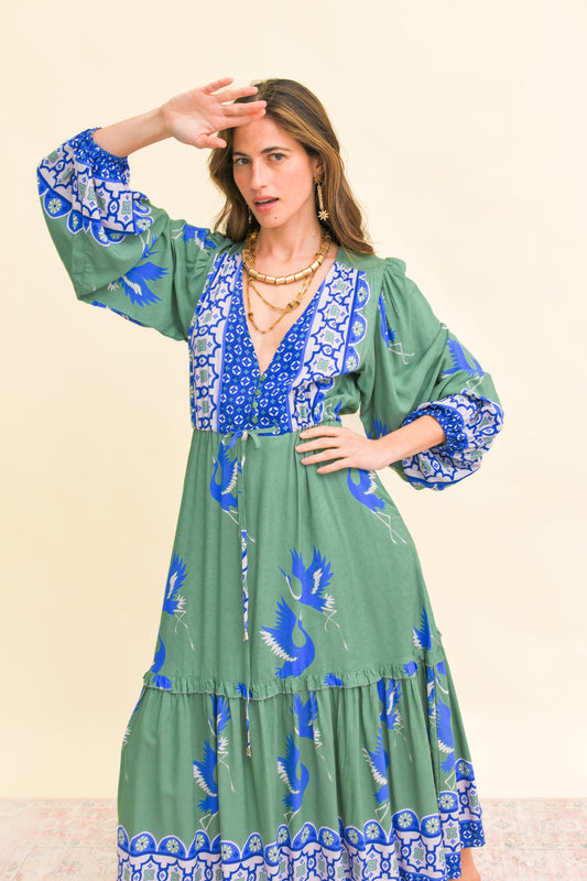 BLUE BIRD PRINT WILLA MIDI DRESS
