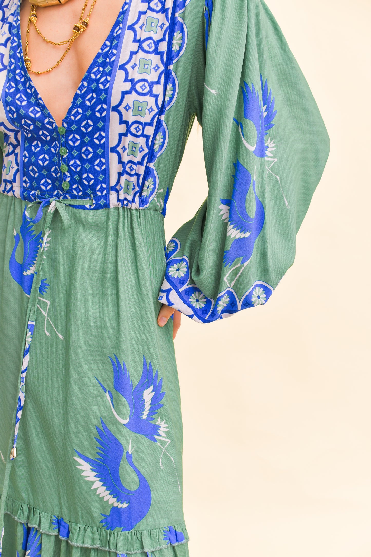 BLUE BIRD PRINT WILLA MIDI DRESS