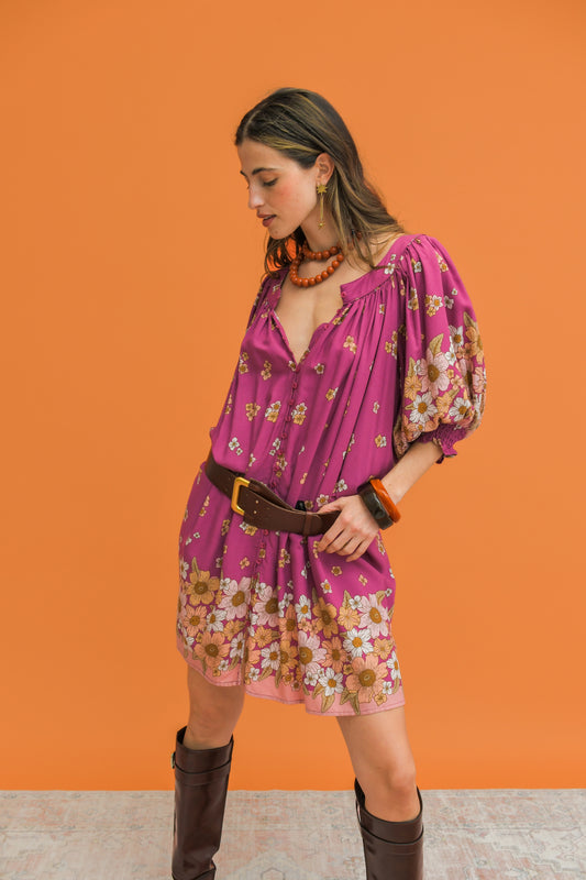 BEE ORCHID PRINT EVELYN MINI DRESS