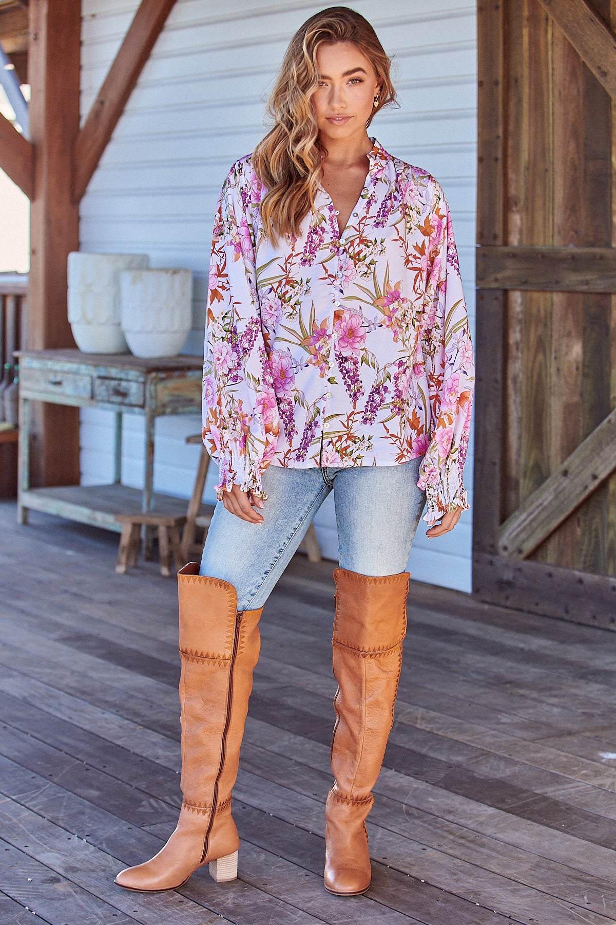 White Boots Pink Boots Outfit Ideas WHITE ACADIA DANNI BLOUSE
