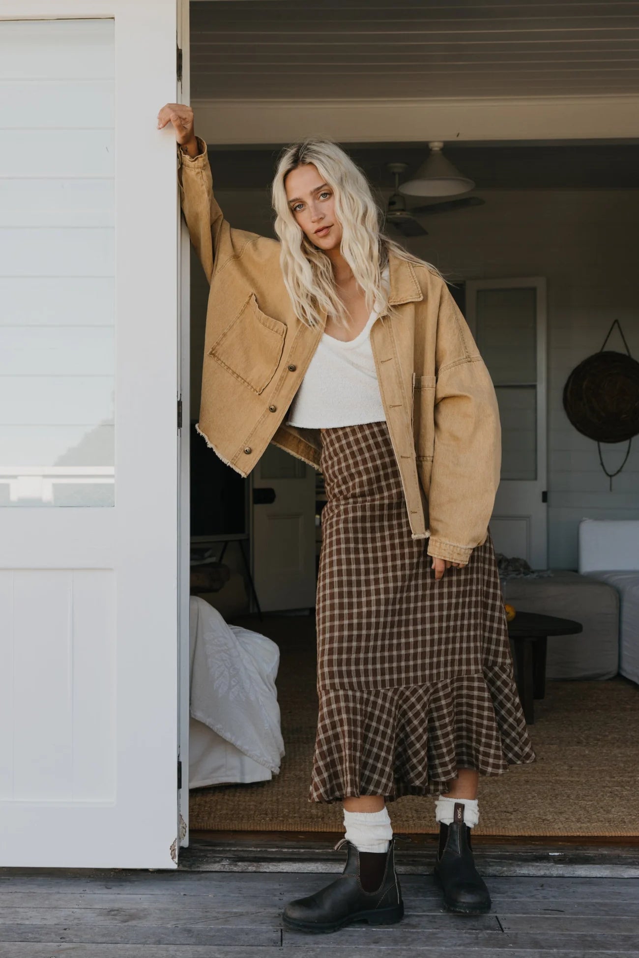 BROWN CHECKERED MIDI SKIRT - JUNE