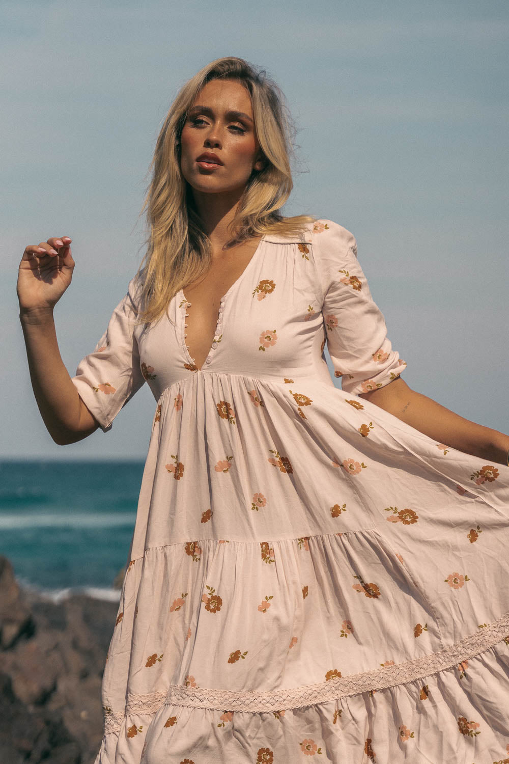 VINTAGE SOL PRINT EVE LACE MIDI