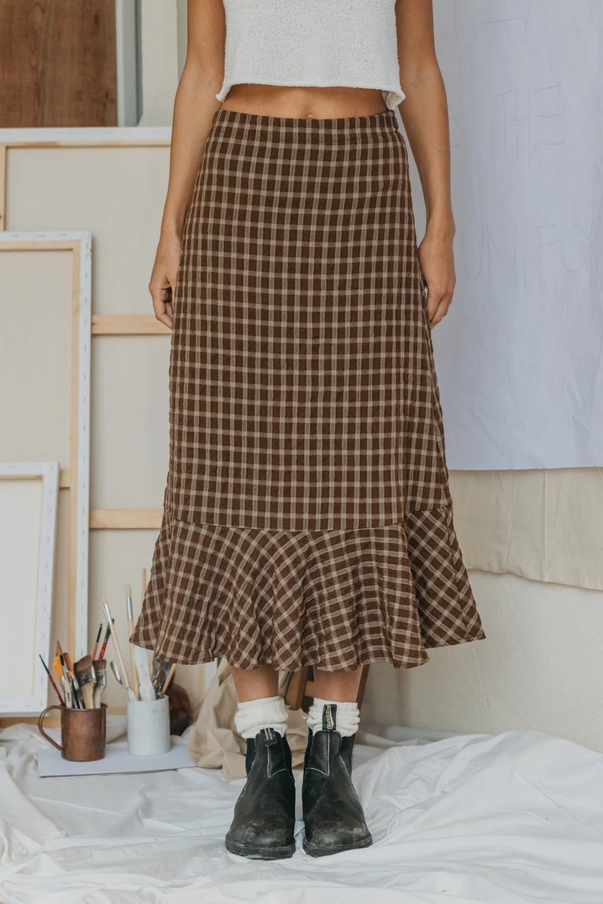 BROWN CHECKERED MIDI SKIRT - JUNE