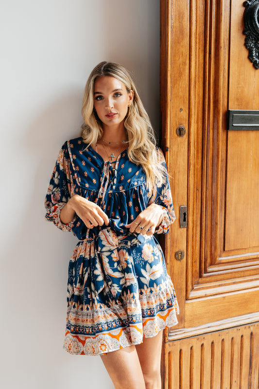 Vestido Mini Navy Peaches Print French 