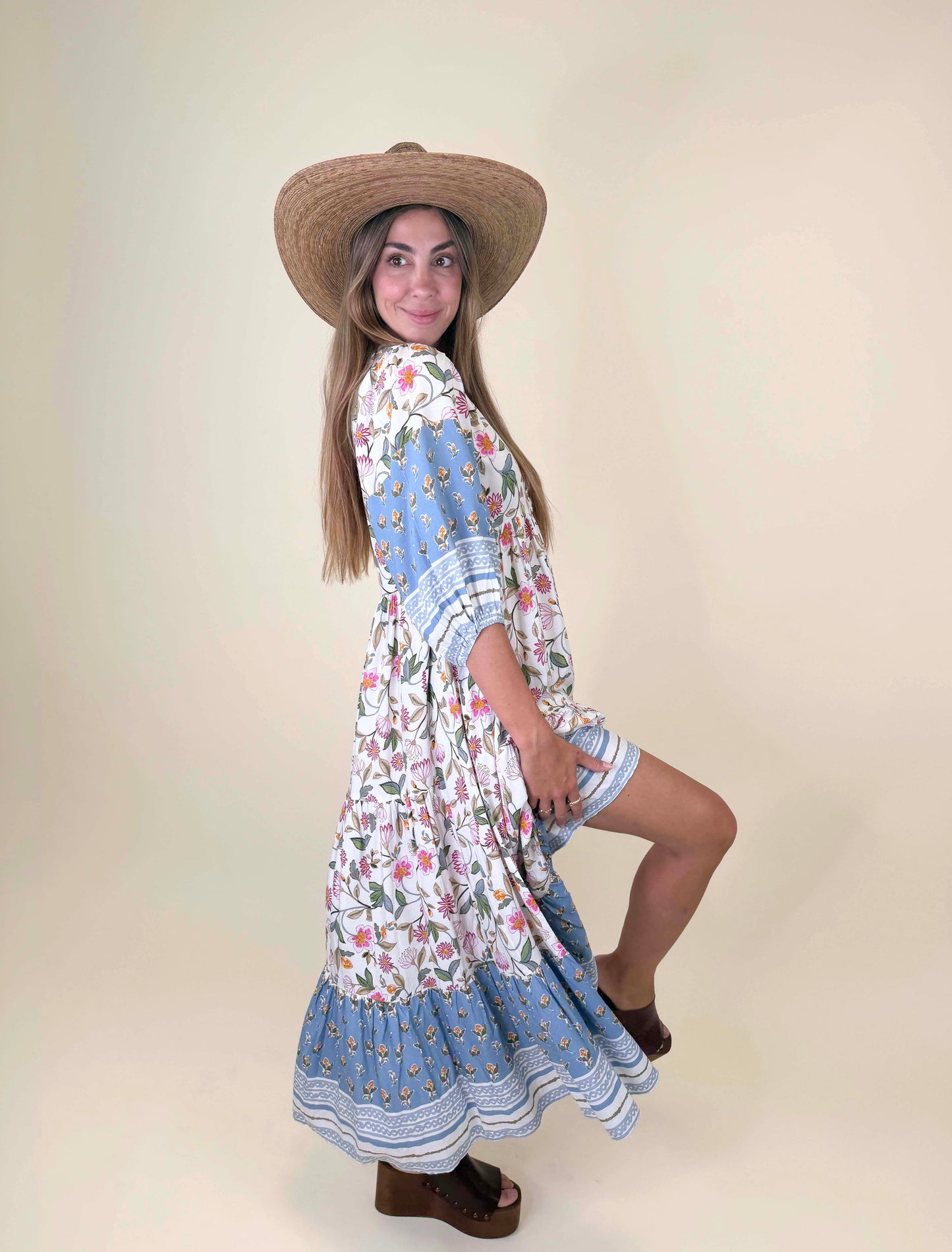 PIXIE PETALS 3/4 SLEEVE EVE MIDI