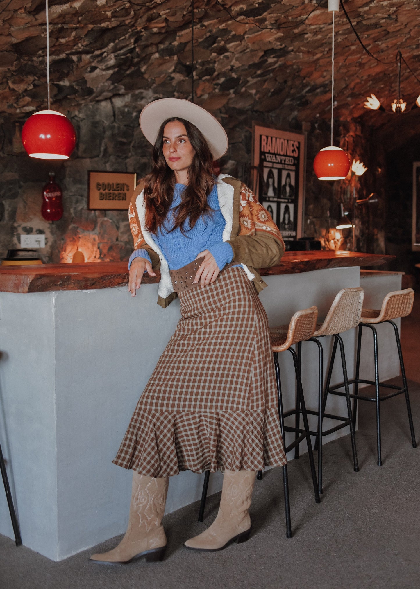 BROWN CHECKERED MIDI SKIRT - JUNE