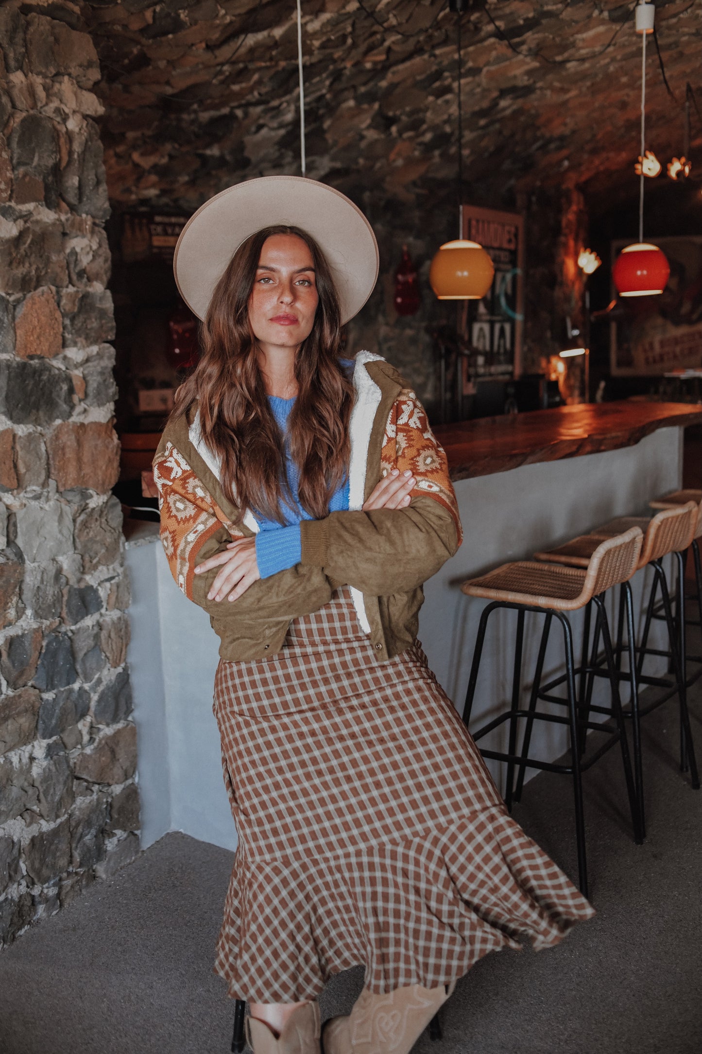 BROWN CHECKERED MIDI SKIRT - JUNE