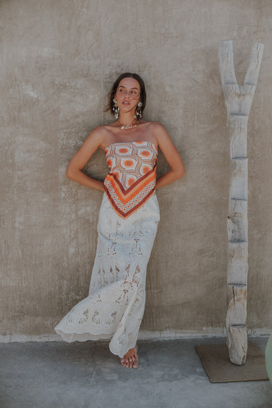 IVORY PALM EMBROIDERED WOODS MAXI SKIRT