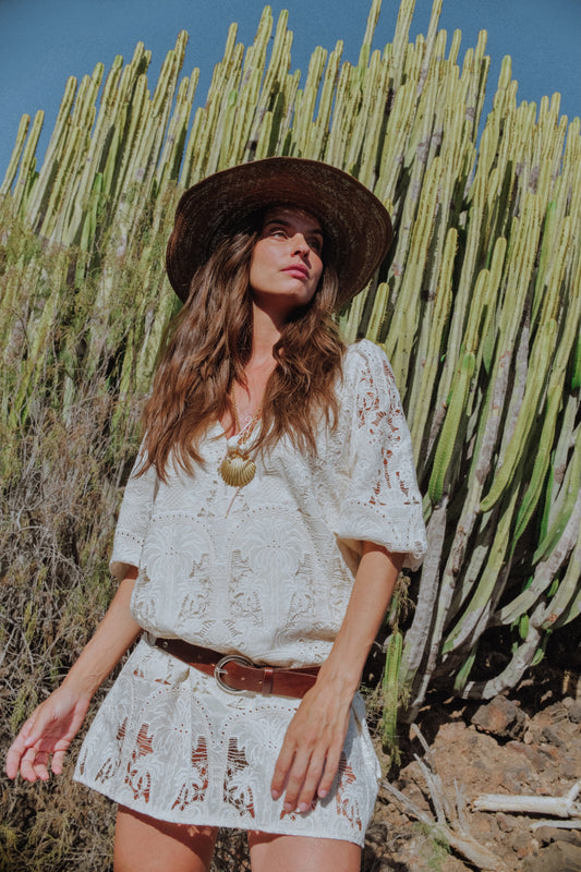 IVORY PALM EMBROIDERED ELENA DRESS