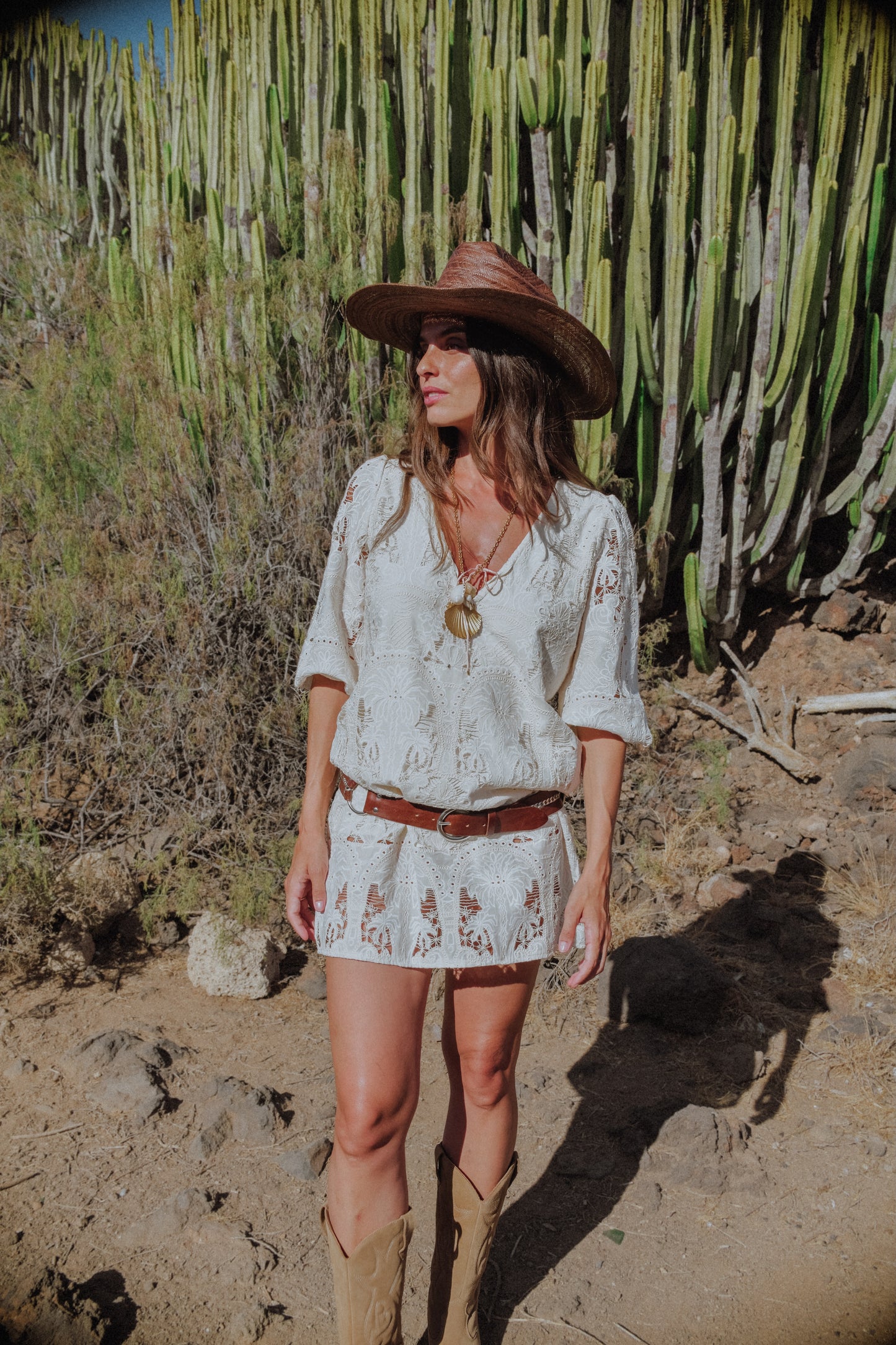IVORY PALM EMBROIDERED ELENA DRESS