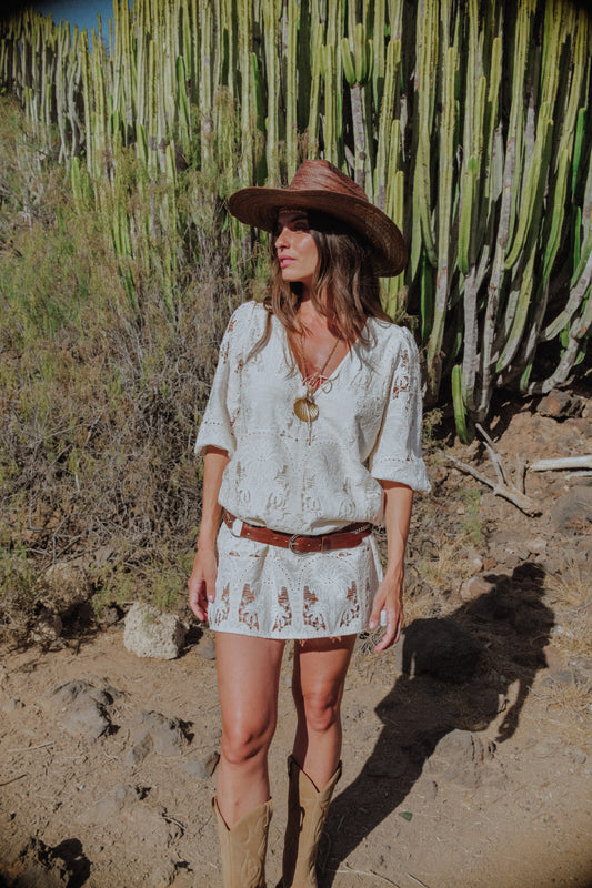 IVORY PALM EMBROIDERED ELENA DRESS