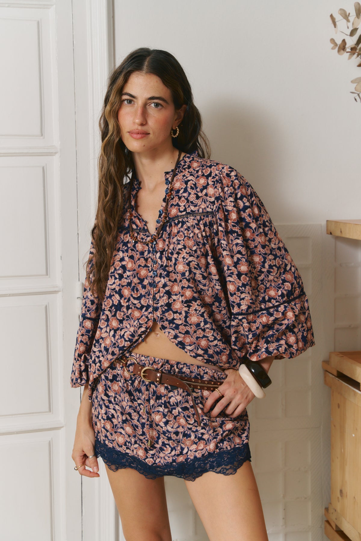 MIDNIGHT MEADOW PRINT LUCIA LACE TRIM MINI SKIRT