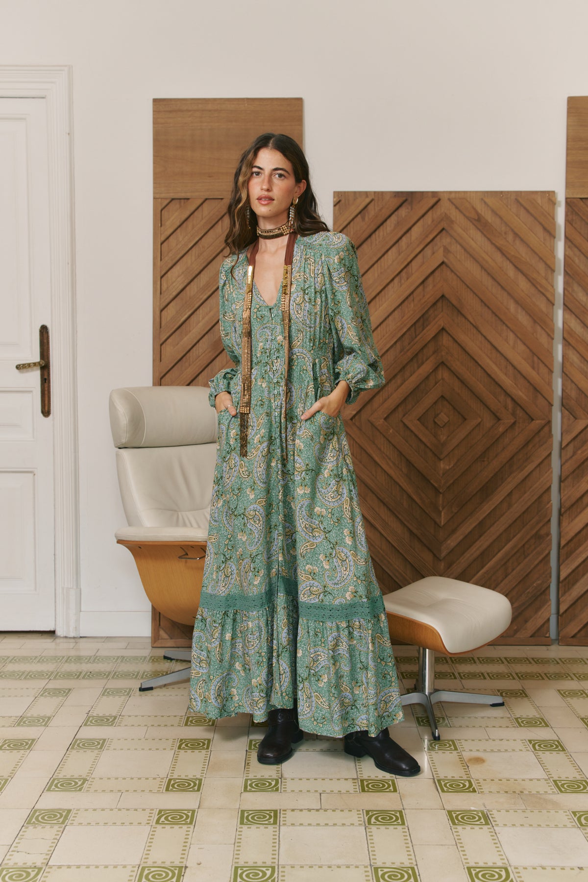 SAGEWOOD PRINT L/S CARMEN MAXI DRESS