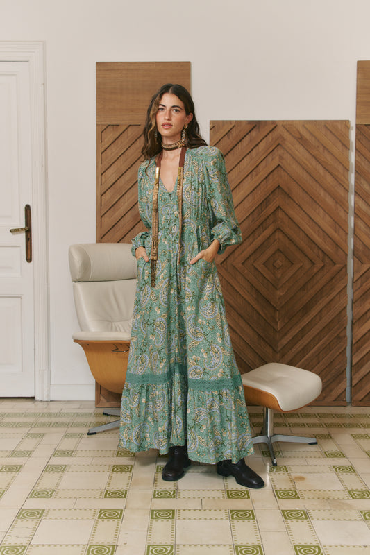 SAGEWOOD PRINT L/S CARMEN MAXI DRESS