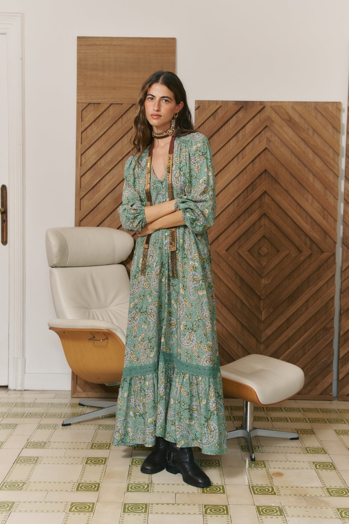 SAGEWOOD PRINT L/S CARMEN MAXI DRESS
