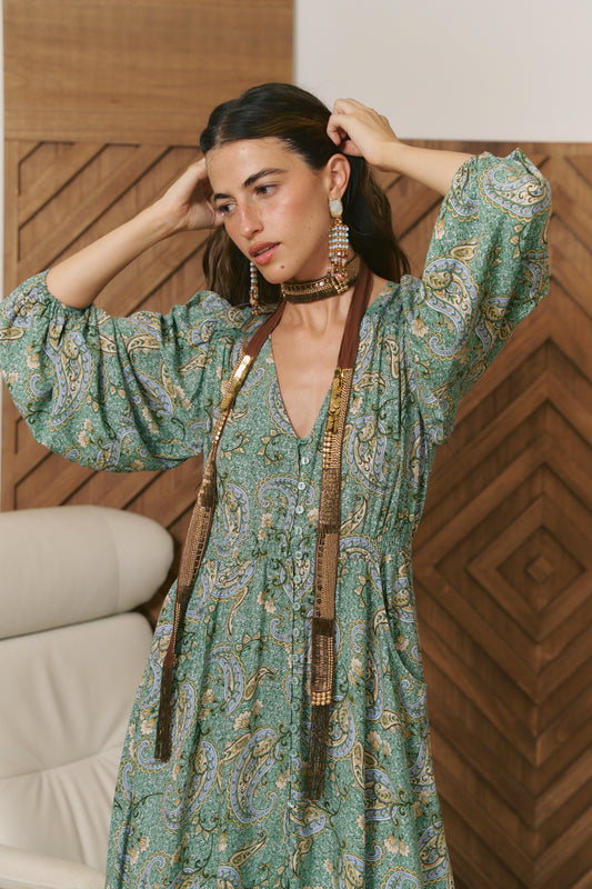 SAGEWOOD PRINT L/S CARMEN MAXI DRESS