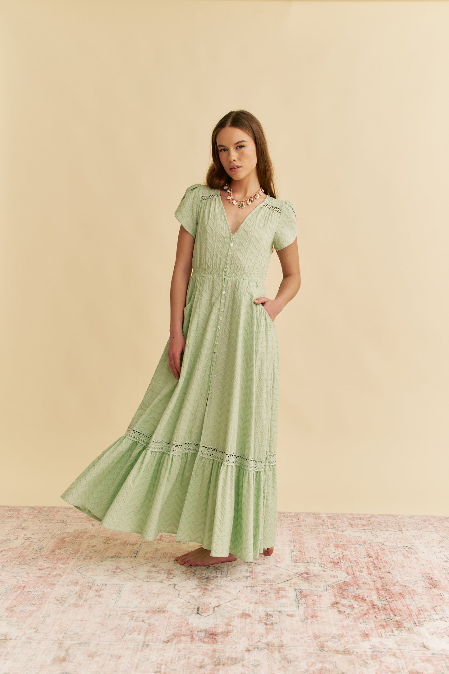 MINT RIVIERA EMBROIDERED CARMEN MAXI DRESS