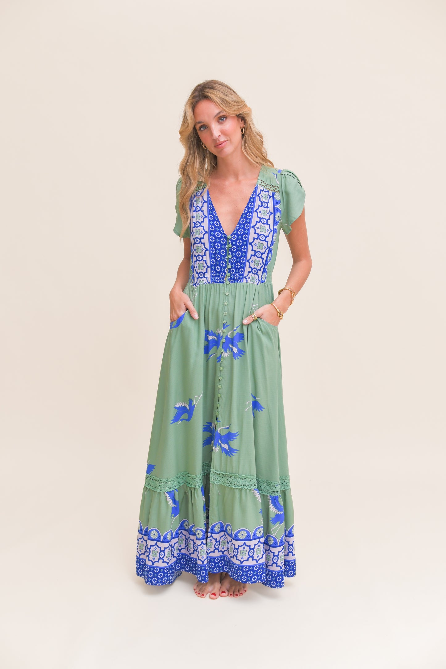 BLUE BIRD PRINT CARMEN MAXI DRESS