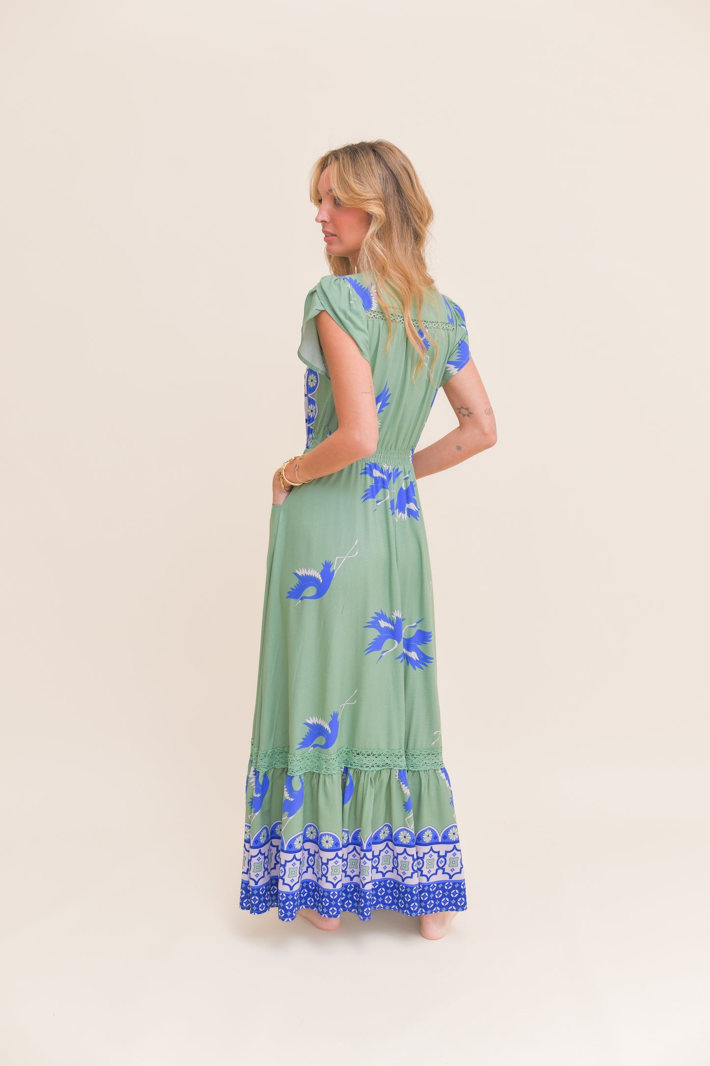 BLUE BIRD PRINT CARMEN MAXI DRESS