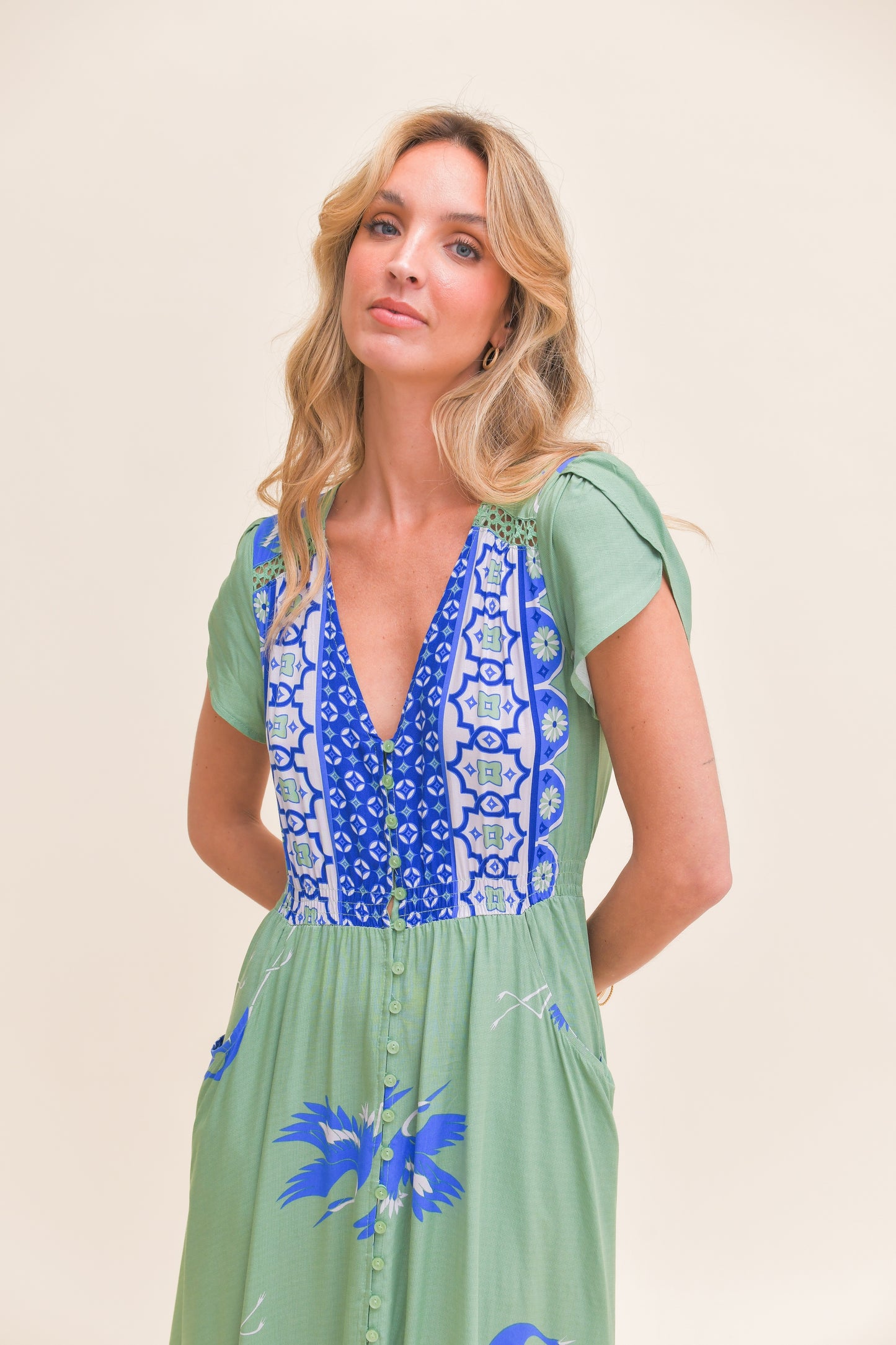 BLUE BIRD PRINT CARMEN MAXI DRESS
