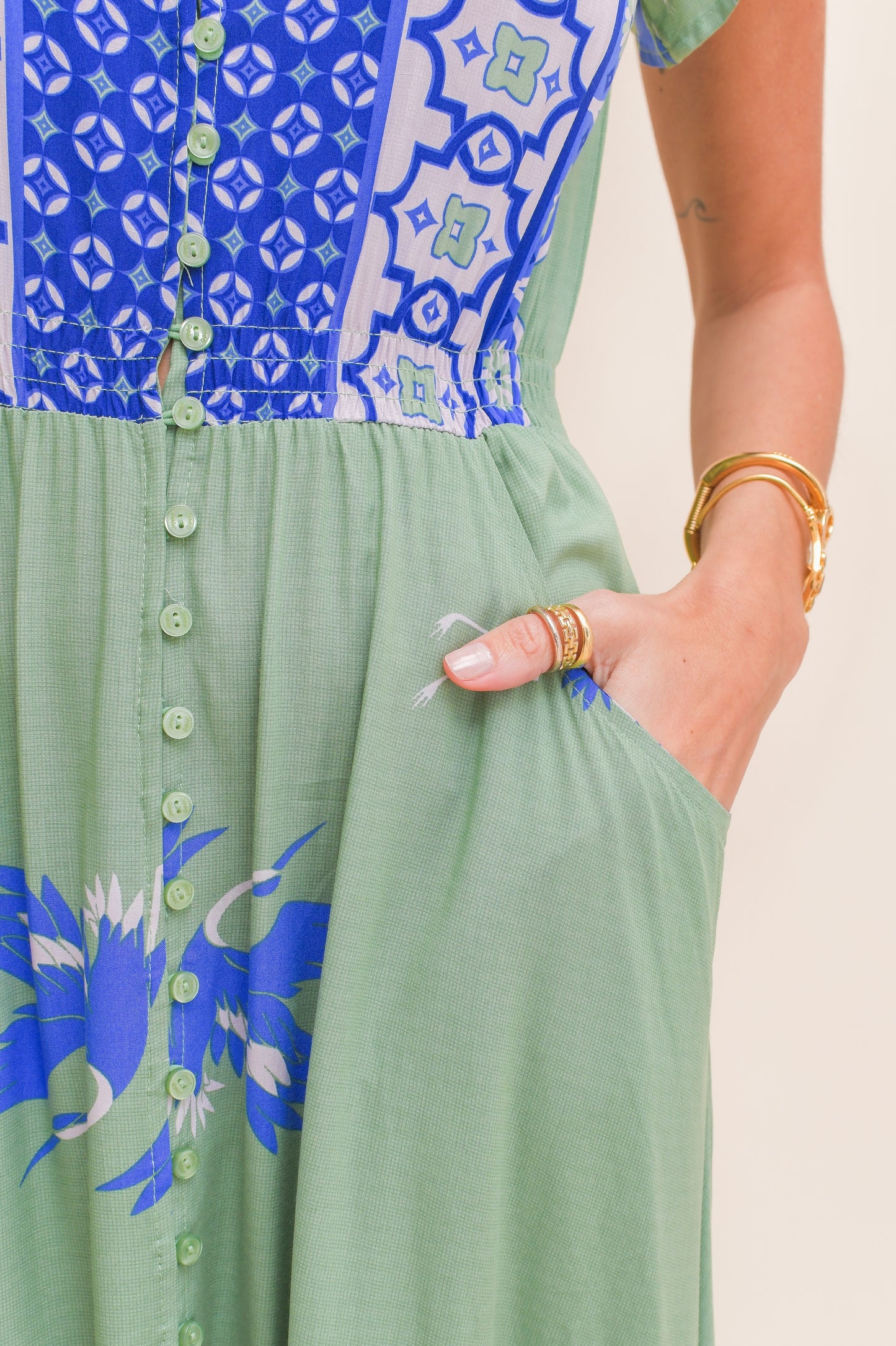 BLUE BIRD PRINT CARMEN MAXI DRESS