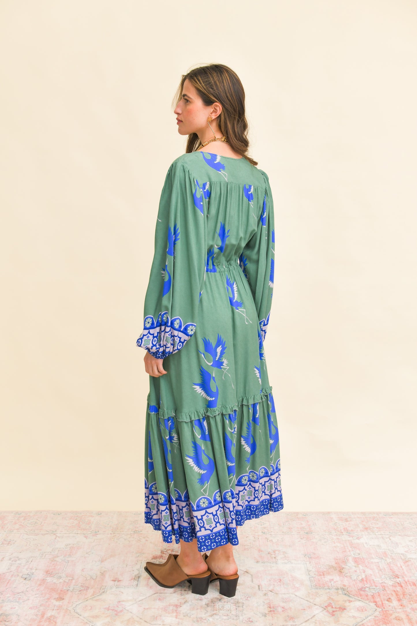 BLUE BIRD PRINT WILLA MIDI DRESS