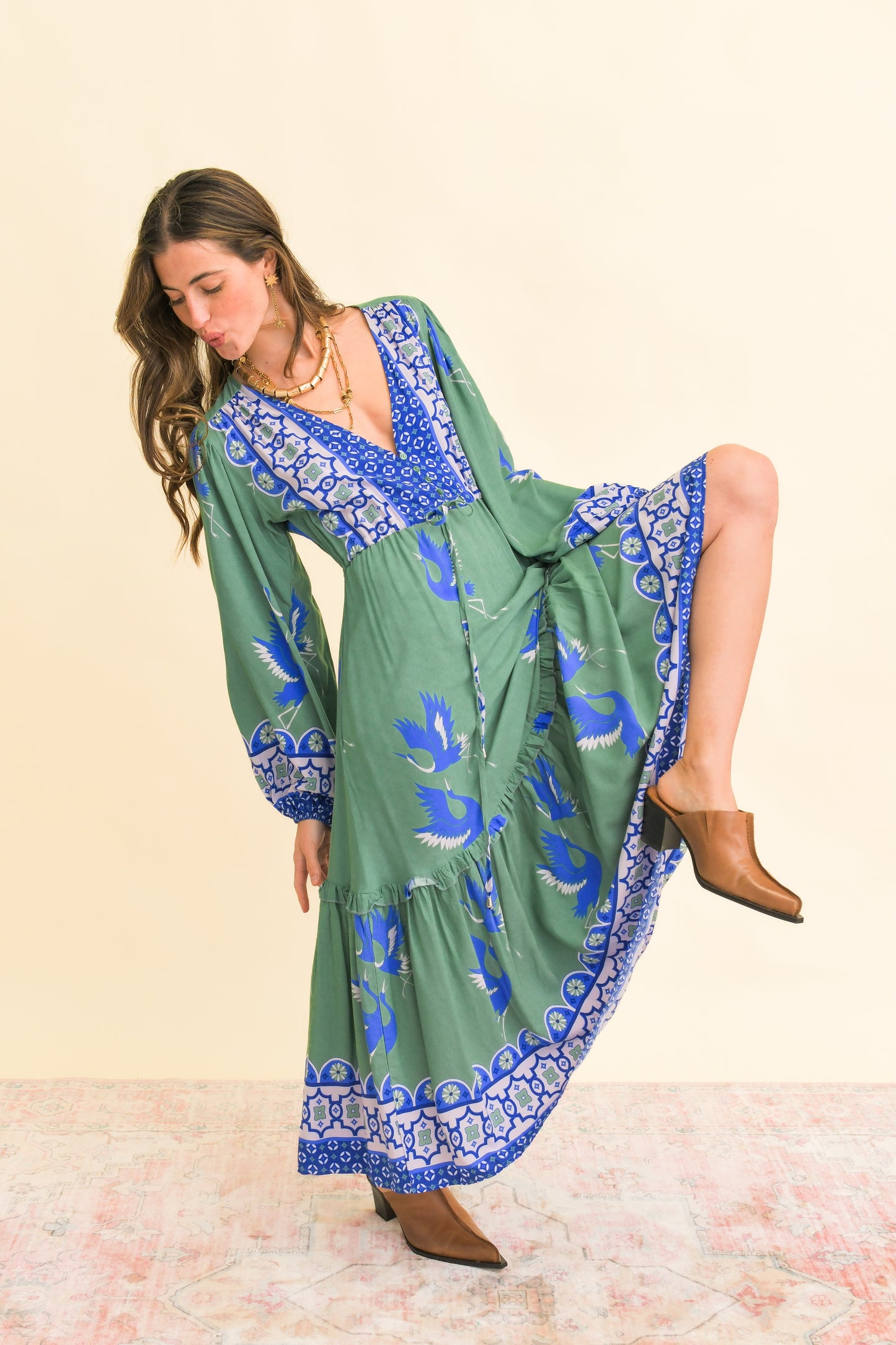 BLUE BIRD PRINT WILLA MIDI DRESS