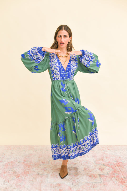 BLUE BIRD PRINT WILLA MIDI DRESS
