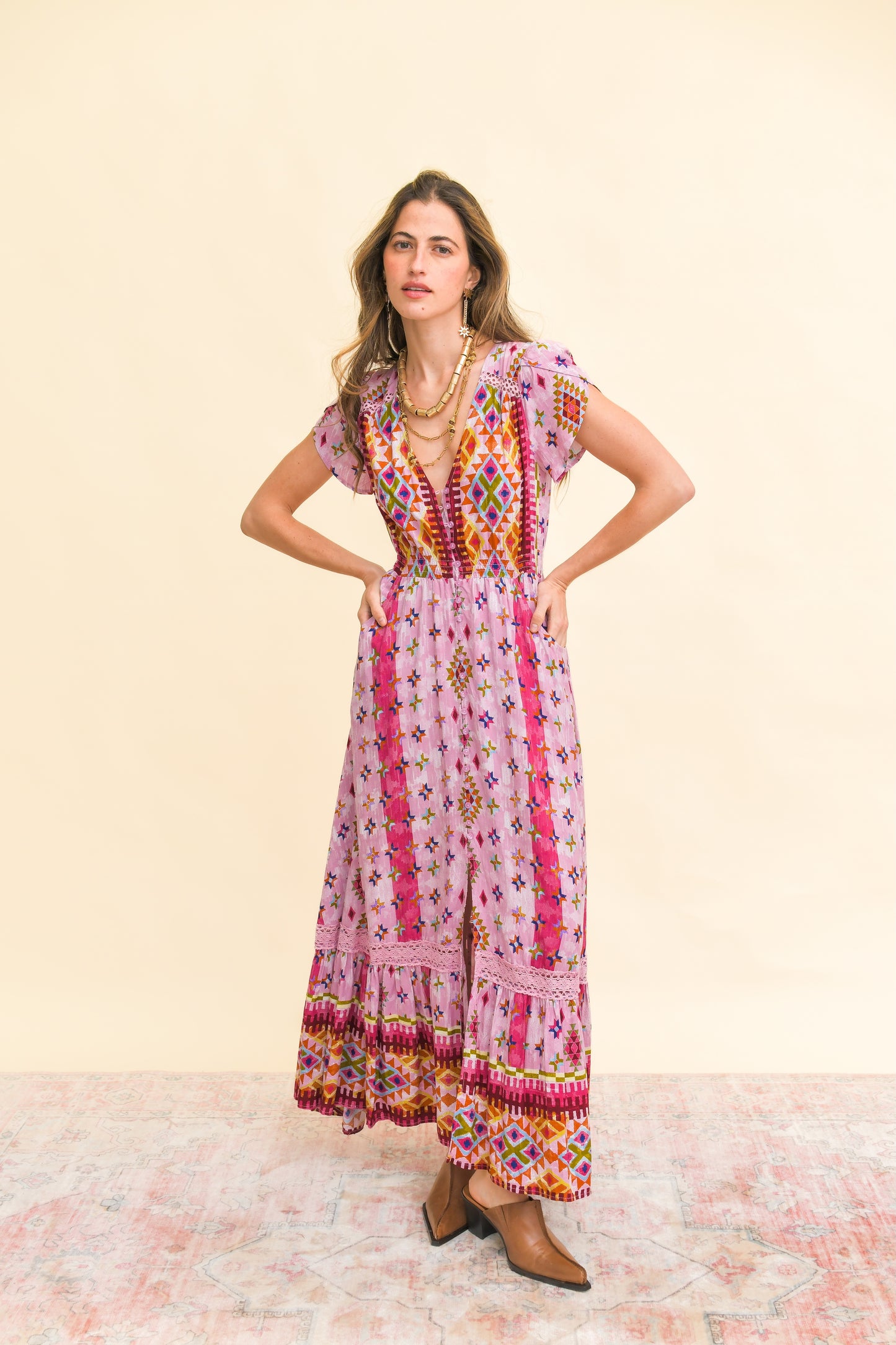 LOST TRIBE PRINT CARMEN MAXI DRESS