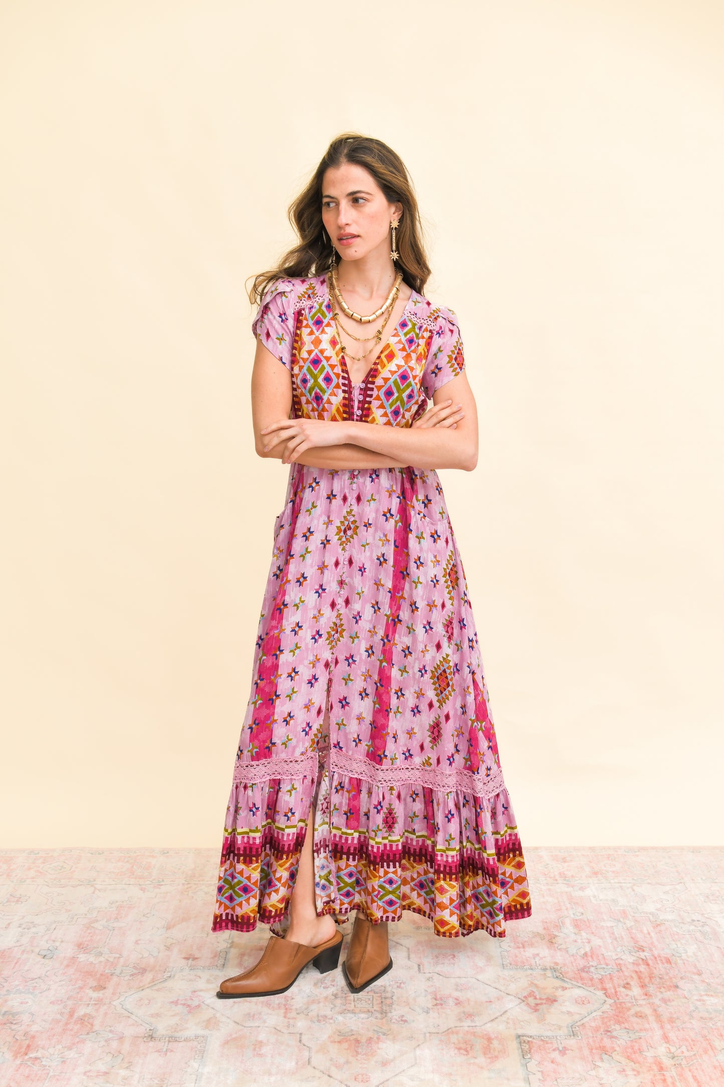 LOST TRIBE PRINT CARMEN MAXI DRESS