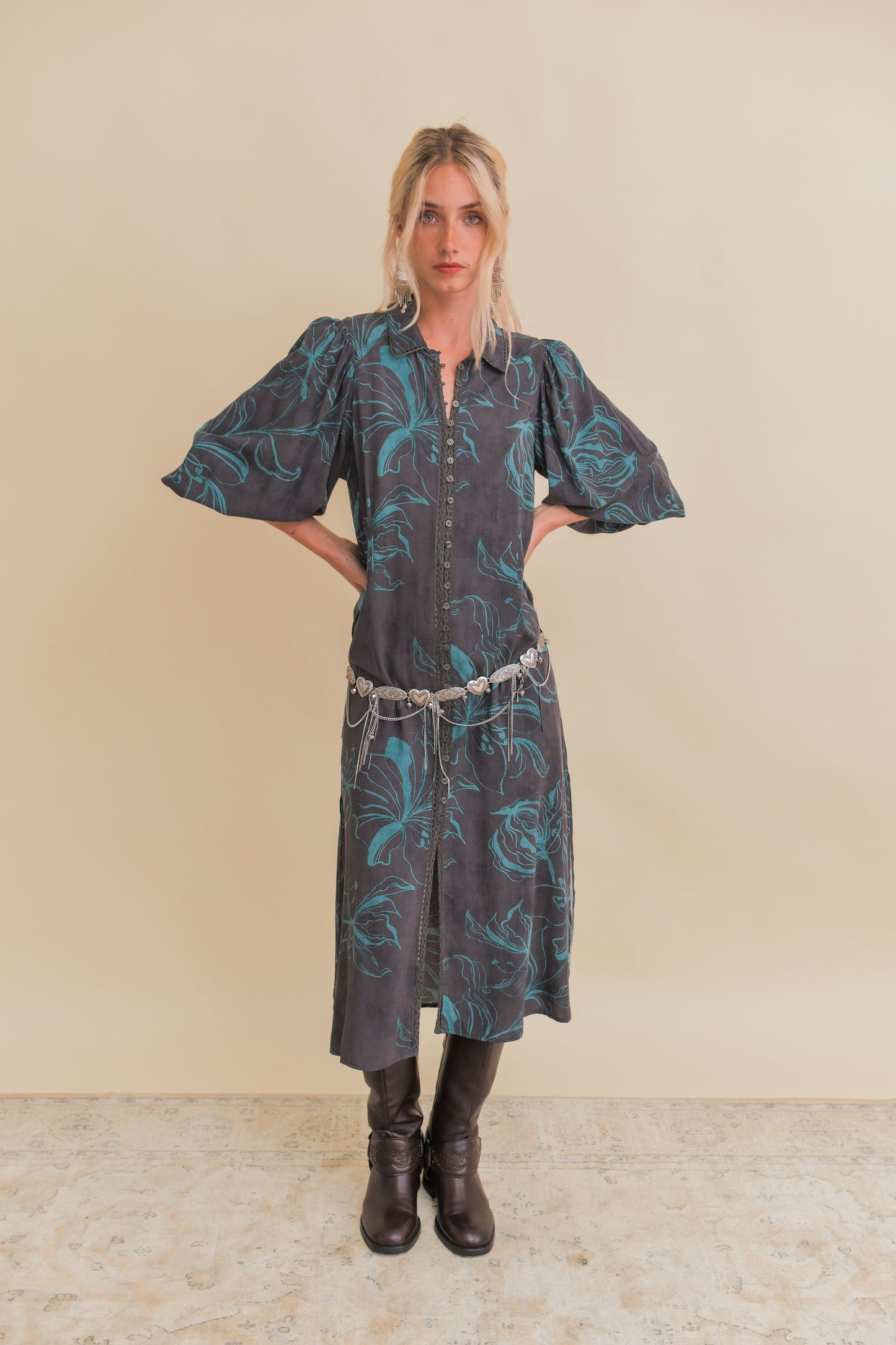 MIDNIGHT LILLY PRINT WHITNEY MIDI DRESS