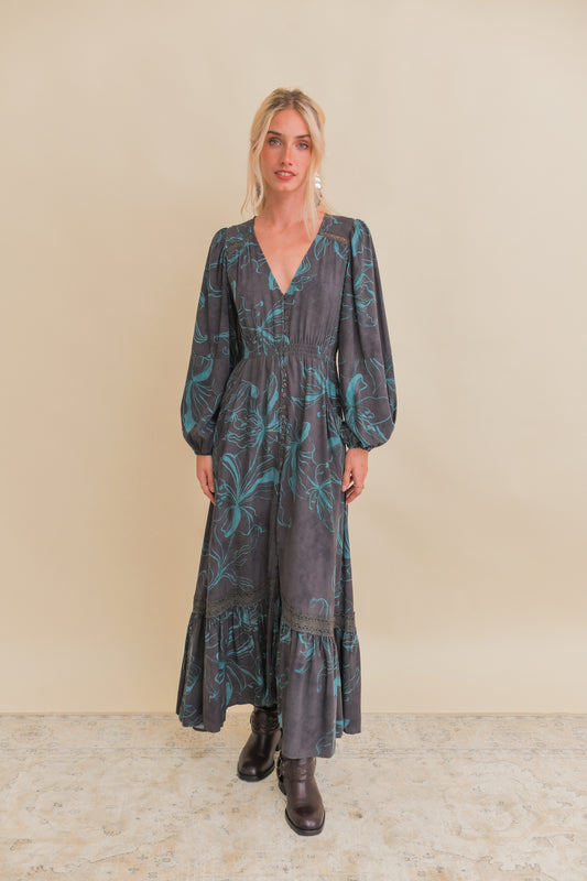 MIDNIGHT LILLY PRINT LONG SLEEVE CARMEN MAXI DRESS