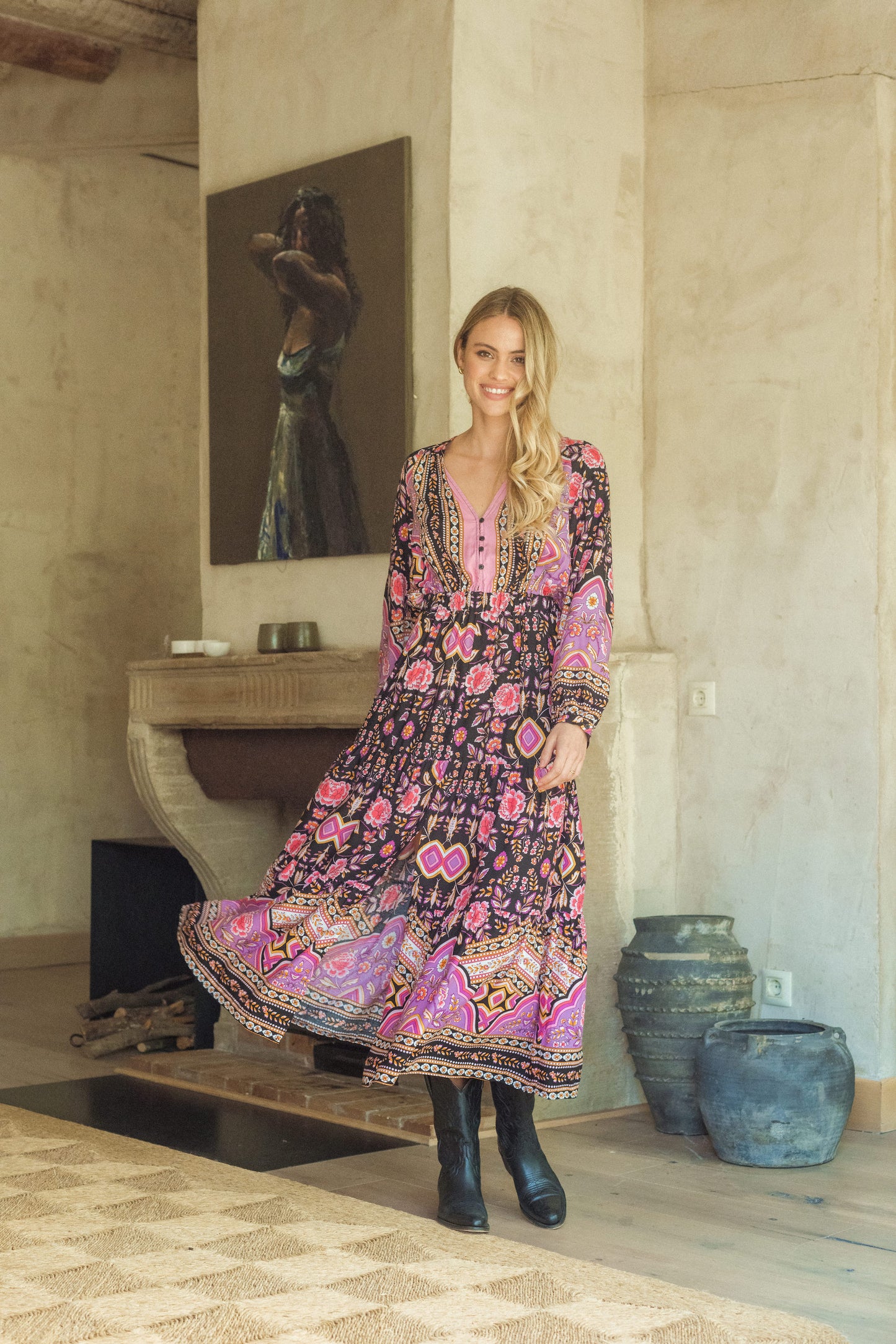 CHERRY BLOSSOM PRINT SABRINA MAXI