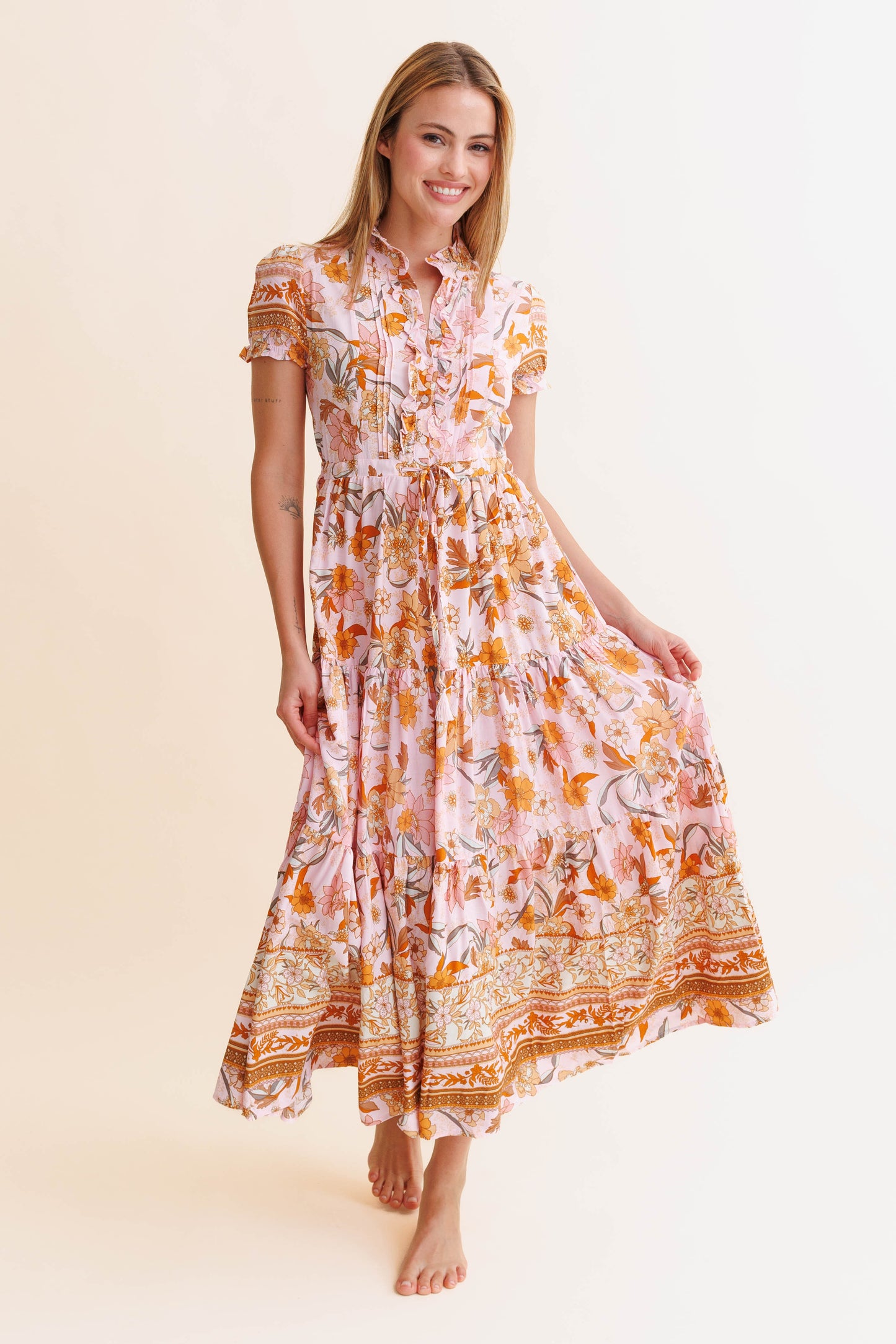PEACH DAHLIA PRINT RINA MAXI