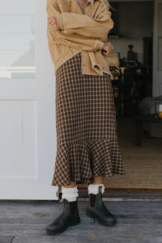 BROWN CHECKERED MIDI SKIRT - JUNE